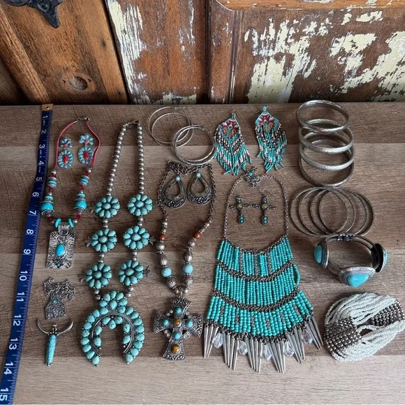 28 Piece Western Statement Jewelry Bundle - Squash Blossom Bracelets Earrings - Picture 13 of 13